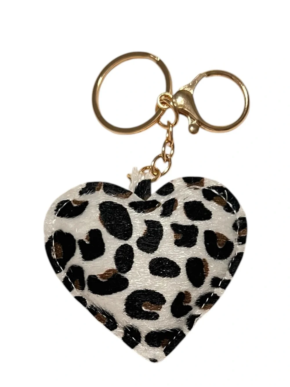 White Leopard Print Faux Fur Heart Keychain Bag Charm